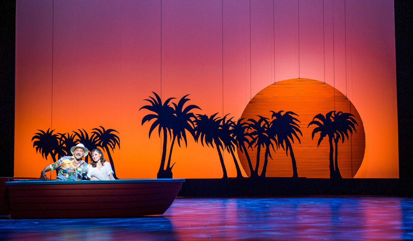 Bühnenbild Sonnenuntergang. Links Boot mit zwei Darstellenden.