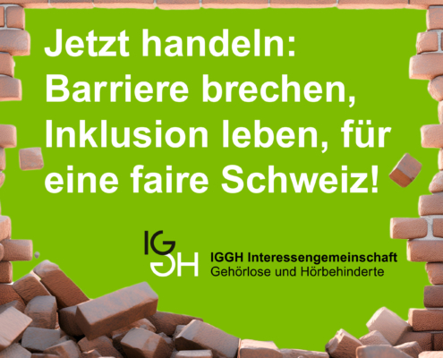 Plakat Mauerdurchbruch. In der Mitte steht: Jetzt handeln: Barriere brechen, Inklusion leben, für eine faire Schweiz!
