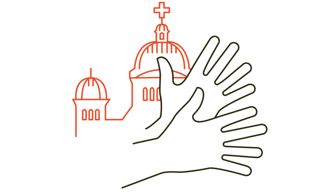 Bild mit den Umrissen des Bundeshauses und zwei Handflächen, die das Symbol der Gebärdensprache darstellen.