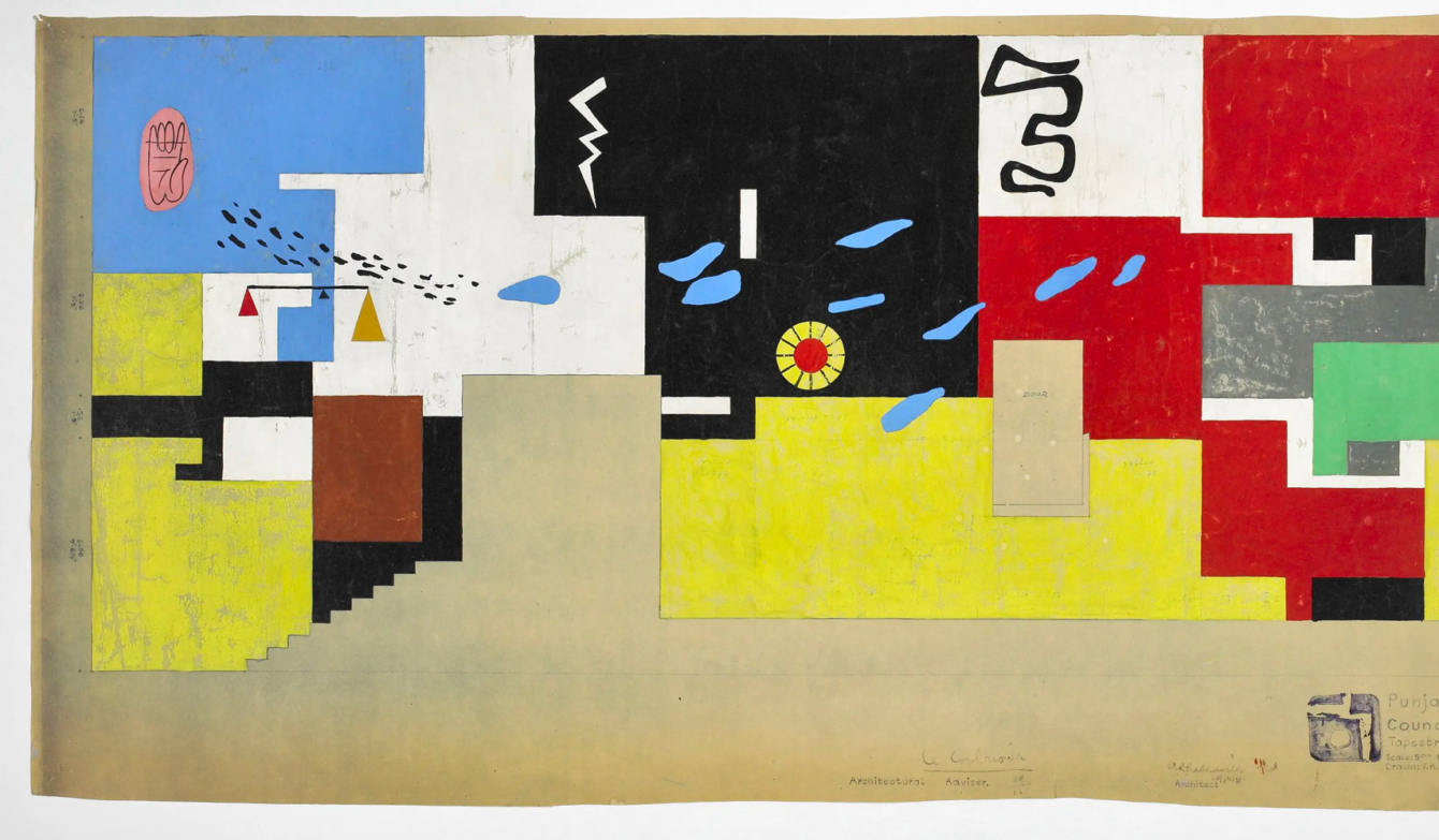 Le Corbusier (Charles-Edouard Jeanneret) Studie für Tapisserie des Gerichtsgebäudes von Chandigarh, 1961 Gouache auf Heliografie 49 × 122 cm Fondation Le Corbusier, Paris © 2025, FLC/ProLitteris, Zurich